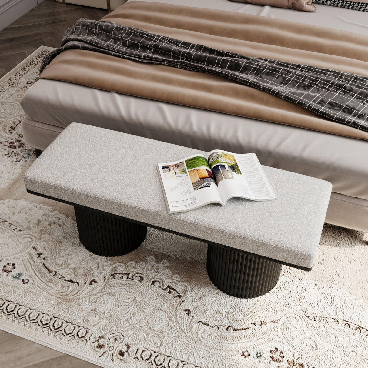 Upholstered Bench With Black Legs - Light Gray