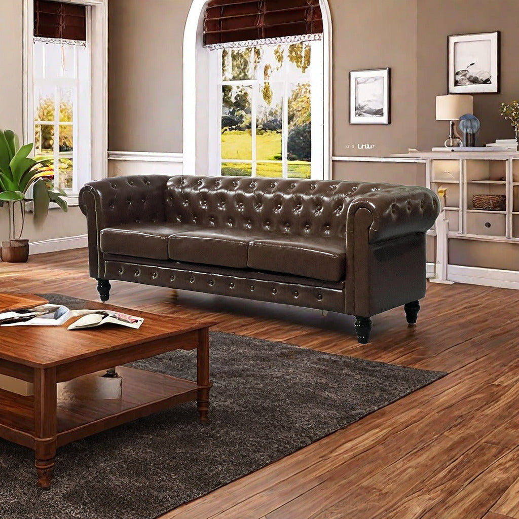 PU Upholstered Tufted Sofa - Brown