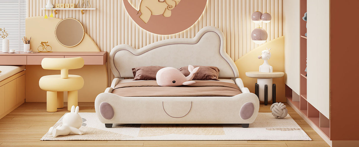 Queen Size Platform Bed with Bear-Shaped Headboard and Storage Pocket, Beige