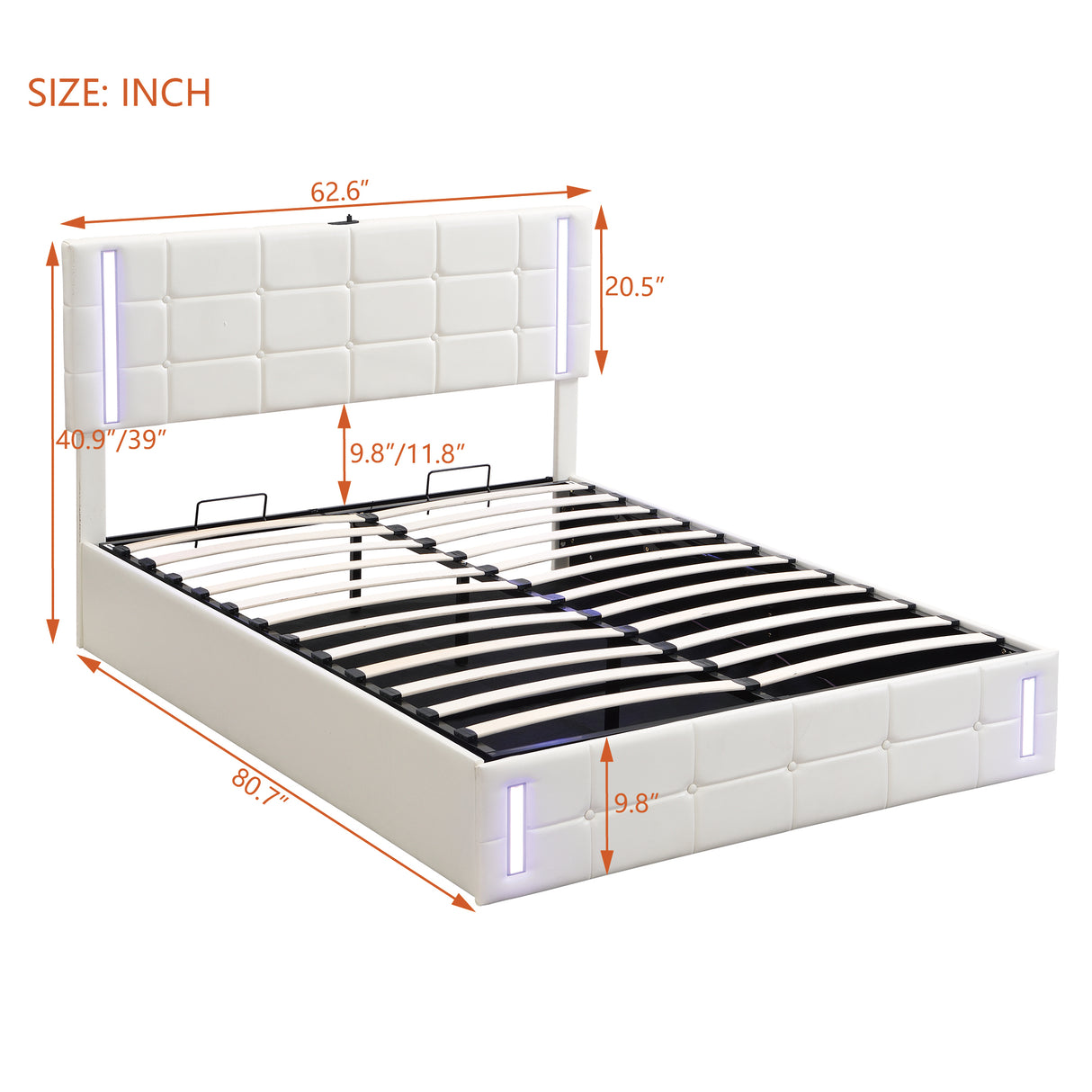 Queen Size Upholstered Bed with LED Lights, Hydraulic Storage System and USB Charging Station,White