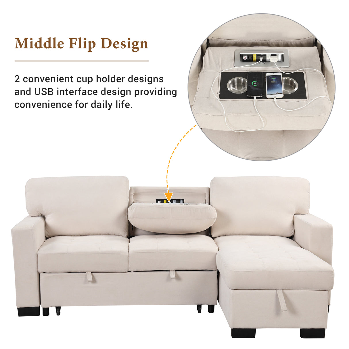 Sleeper Sofa Chaise with Storage  and USB Charger - Beige