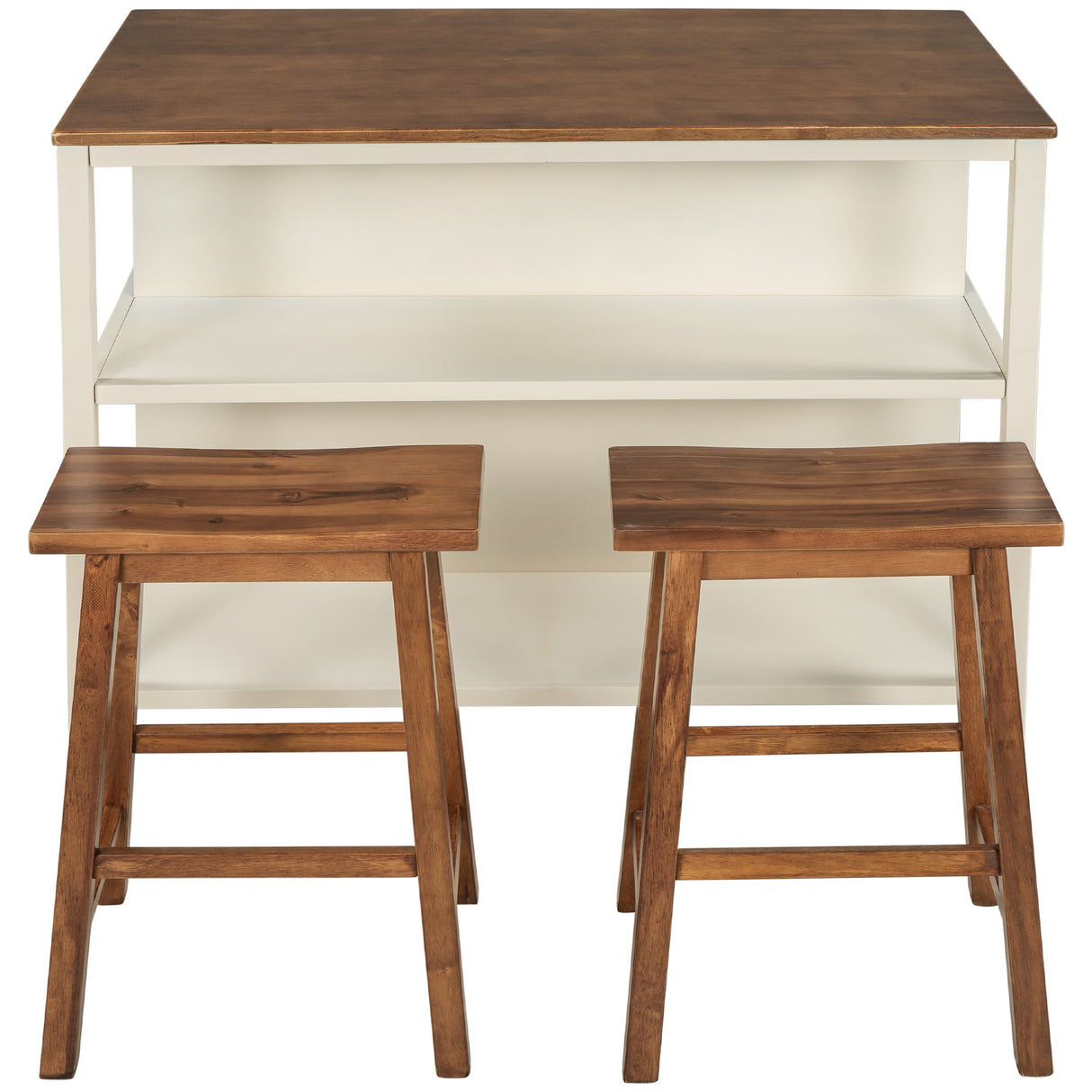 Rustic 3-piece 45" Stationary Kitchen Island Set with 2 Stools and 2 Open Shelves - Walnut + Off White