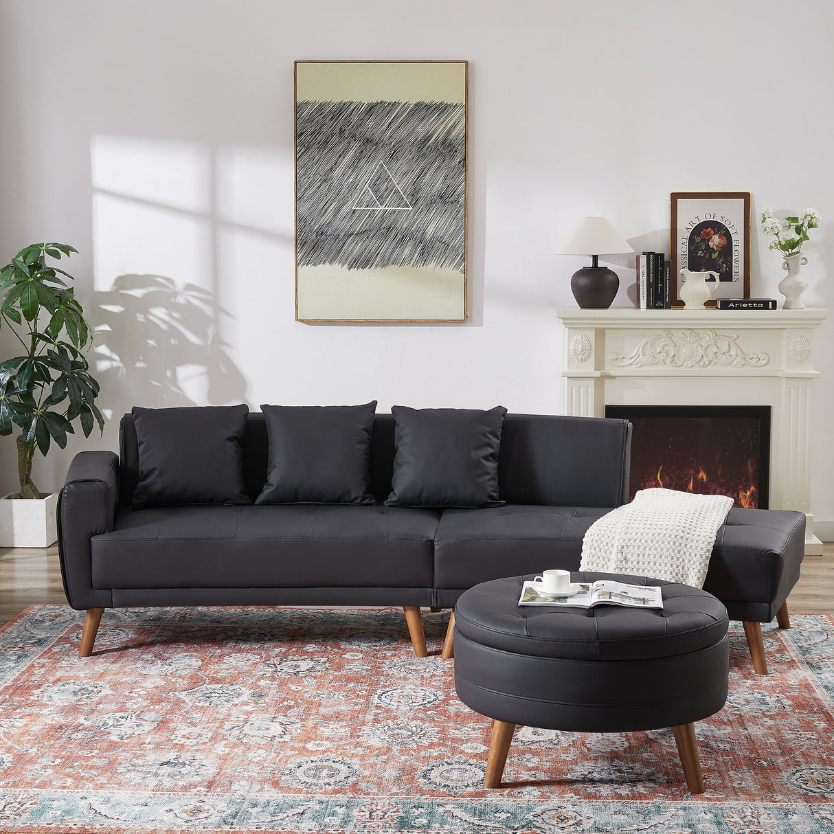 107" Contemporary Sofa with a Round Storage Ottoman and Three Removable Pillows - Black