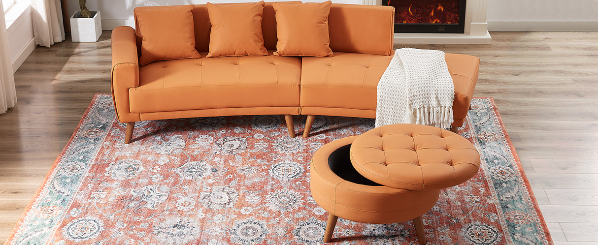 107" Contemporary Sofa with a Round Storage Ottoman and Three Removable Pillows - Orange