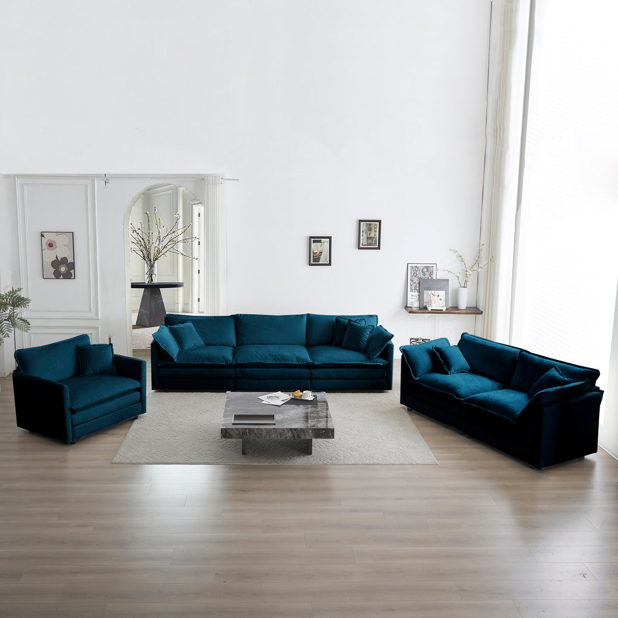 Modern Extra Deep Living Room Set Including Sofa, Love Seat and Chair - Blue Chenille