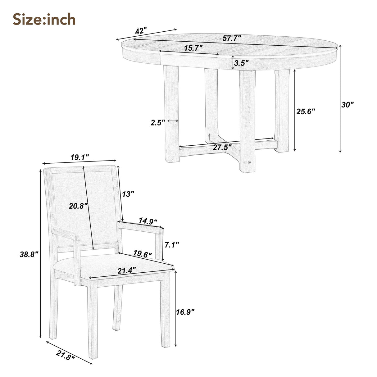 TREXM 5-Piece Dining Set With  Butterfly Leaf and 4 Upholstered Dining Chairs (Brown+White)