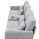 114.2" Upholstered Sofa with Console, 2 Cupholders, 2 USB Ports for Wired or Wireless Charge with 4 Pillows - Light Gray