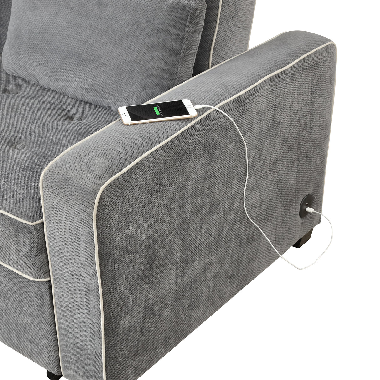 Upholstered Loveseat with Pull Out Sofa, Two Throw Pillows, Dual USB Charging Port And Adjustable Backrest - Gray