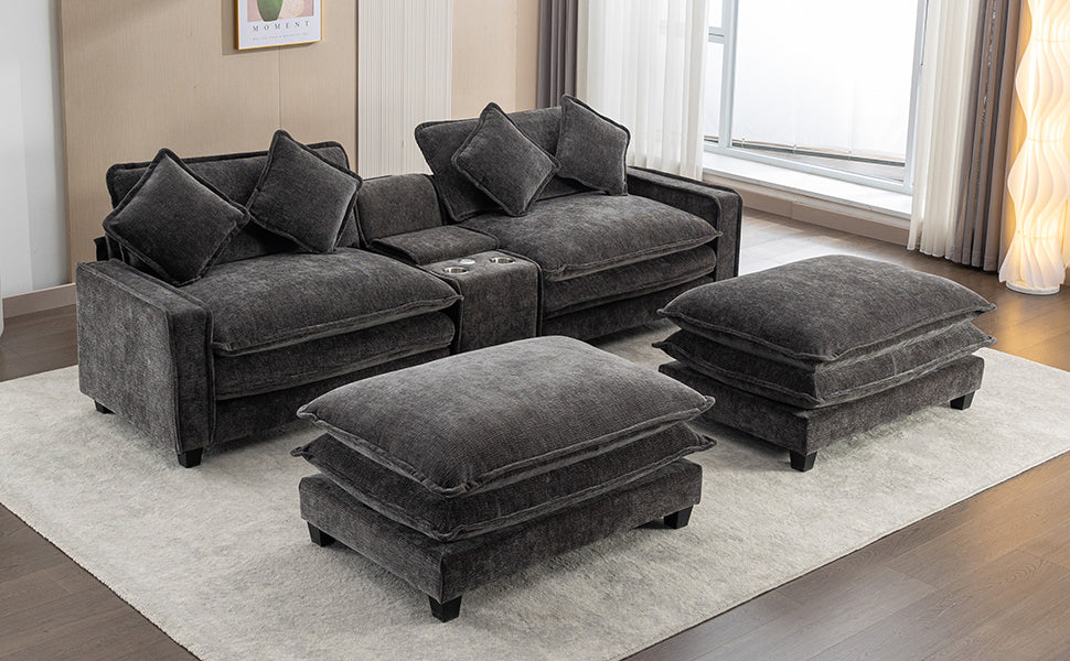 112.6" Chenille Upholstered Sofa with Two Ottomans, Two USB Ports, Two Cup Holders and Large Storage Box -Dark Gray