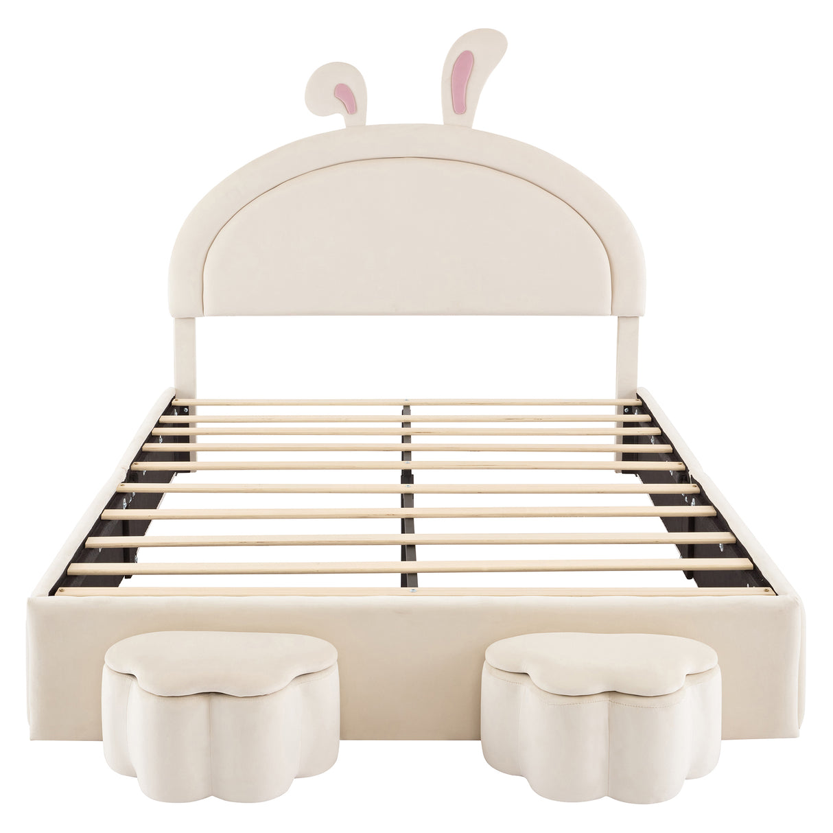 Full size Upholstered Rabbit-Shape Bed with 2 Storage Stools and Cartoon Ears Shaped Headboard, White