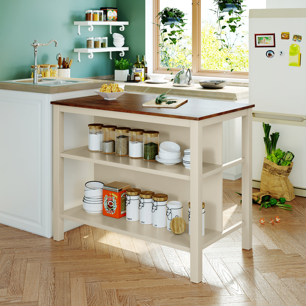 Rustic 3-piece 45" Stationary Kitchen Island Set with 2 Stools and 2 Open Shelves - Walnut + Off White