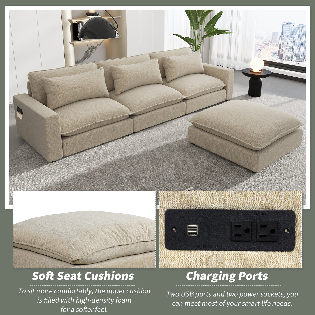 128" Chenille Cloud Sofa with Ottoman, Charging Ports and Three Back Pillows, Beige