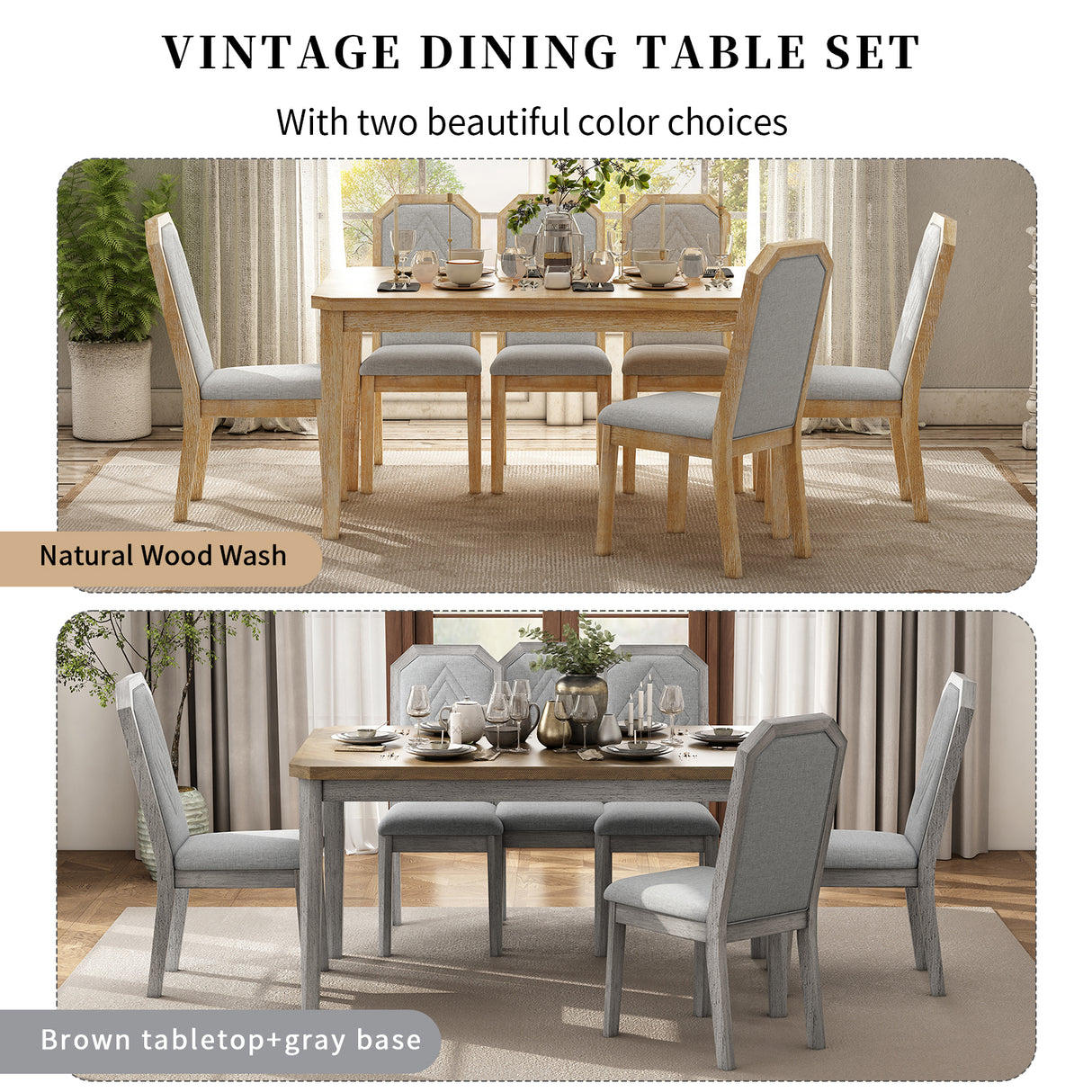 TREXM 7-Piece Farmhouse Dining Set With 6 high-back Chairs f (Natural Wood Wash)