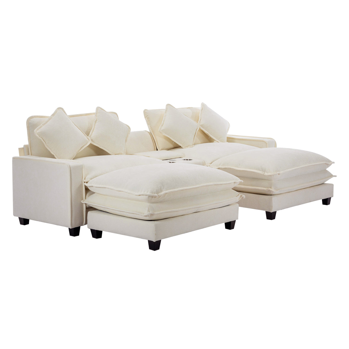 112.6" Chenille Upholstered Sofa with Two Ottomans, Two USB Ports, Two Cup Holders and Large Storage Box - Beige