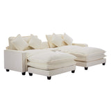 112.6" Chenille Upholstered Sofa with Two Ottomans, Two USB Ports, Two Cup Holders and Large Storage Box - Beige