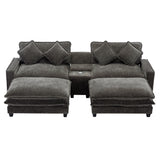 112.6" Chenille Upholstered Sofa with Two Ottomans, Two USB Ports, Two Cup Holders and Large Storage Box -Dark Gray