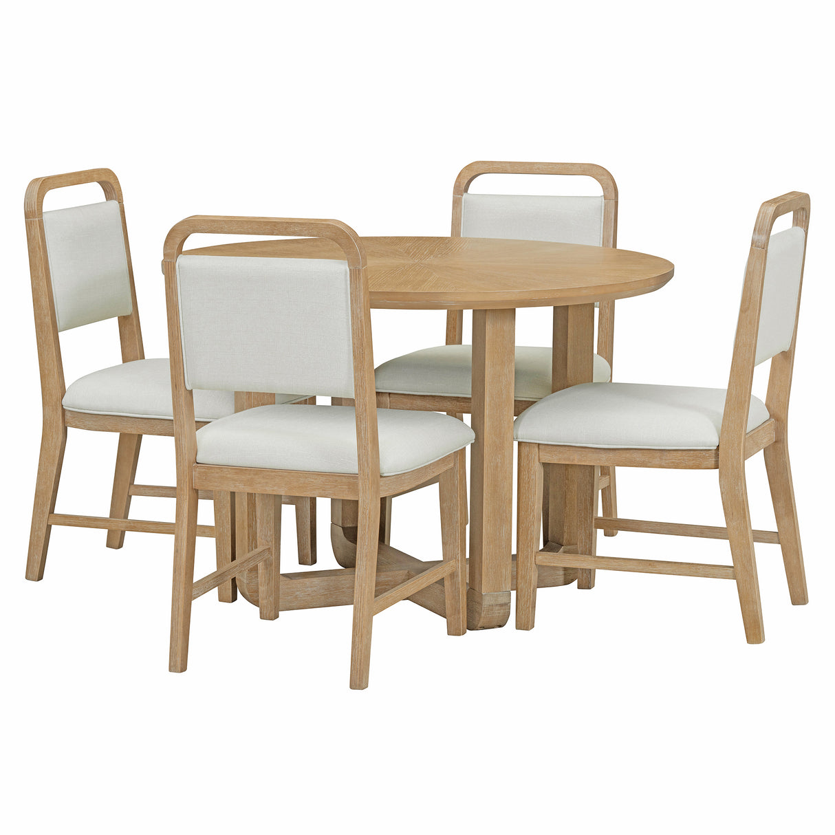 5-Piece Dining Set with Radial Wood Grain Design and 4 Upholstered Chairs for Dining Room and Kitchen (Natural Wood Wash)