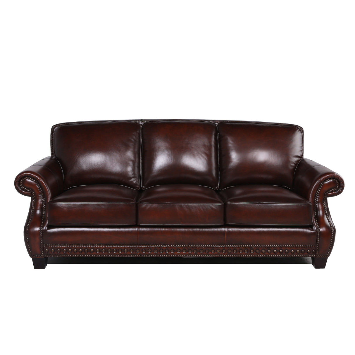 Traditional Roll Arm Nailhead Leather Sofa - Brown