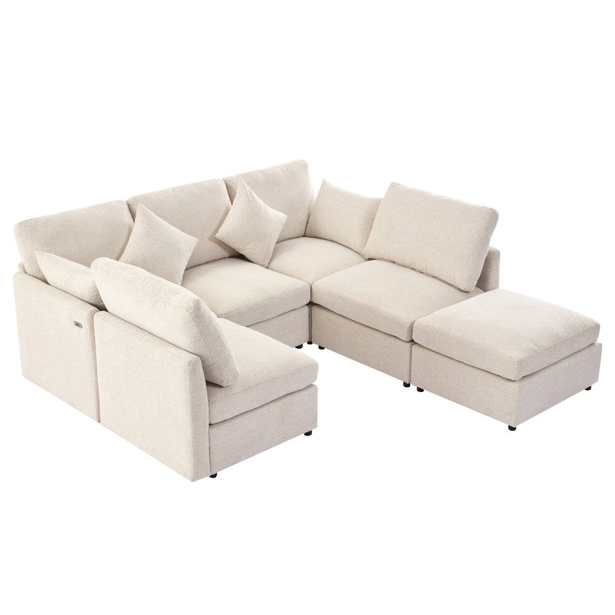 85.4" Modular Sectional Sofa with a Movable Ottoman and Two USB Ports, Beige