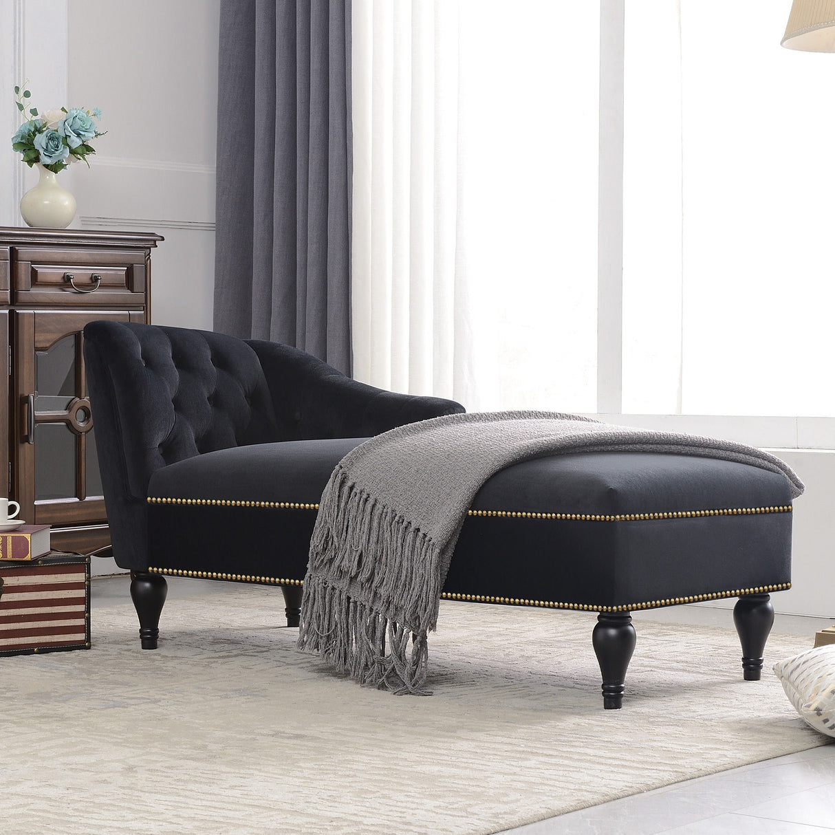 Velvet Right Facing Chaise Lounge Chair With Nailhead Trim & Solid Wood Legs - Black