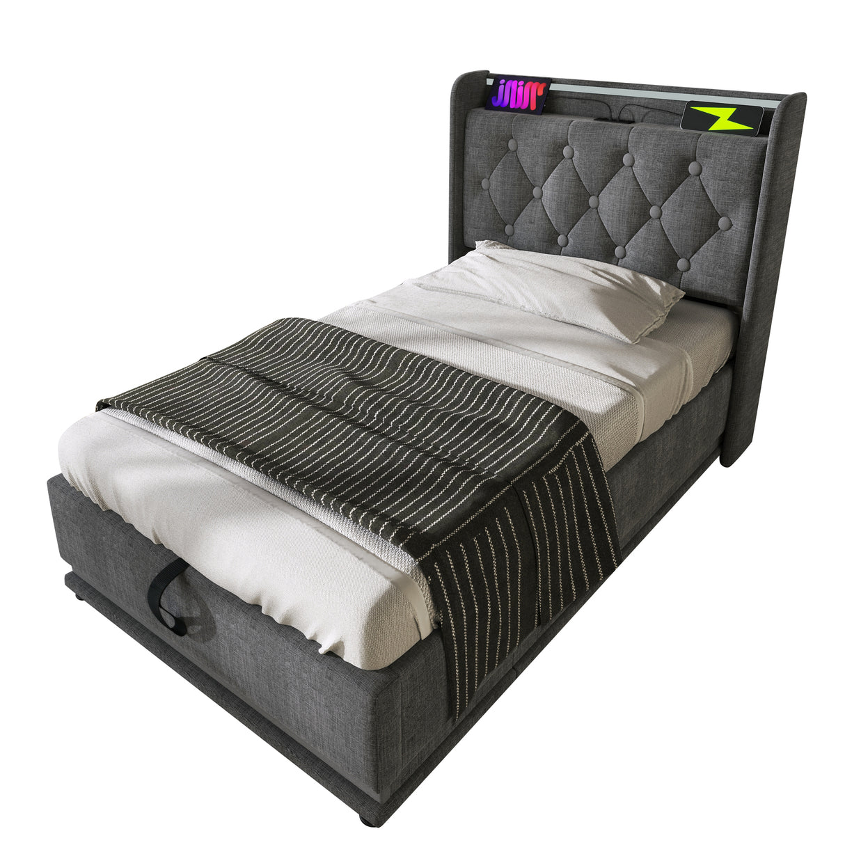 Twin Upholstered bed With 360 Surround LED, Remote Control, Hydraulic storage, USB Type-C charging - Gray