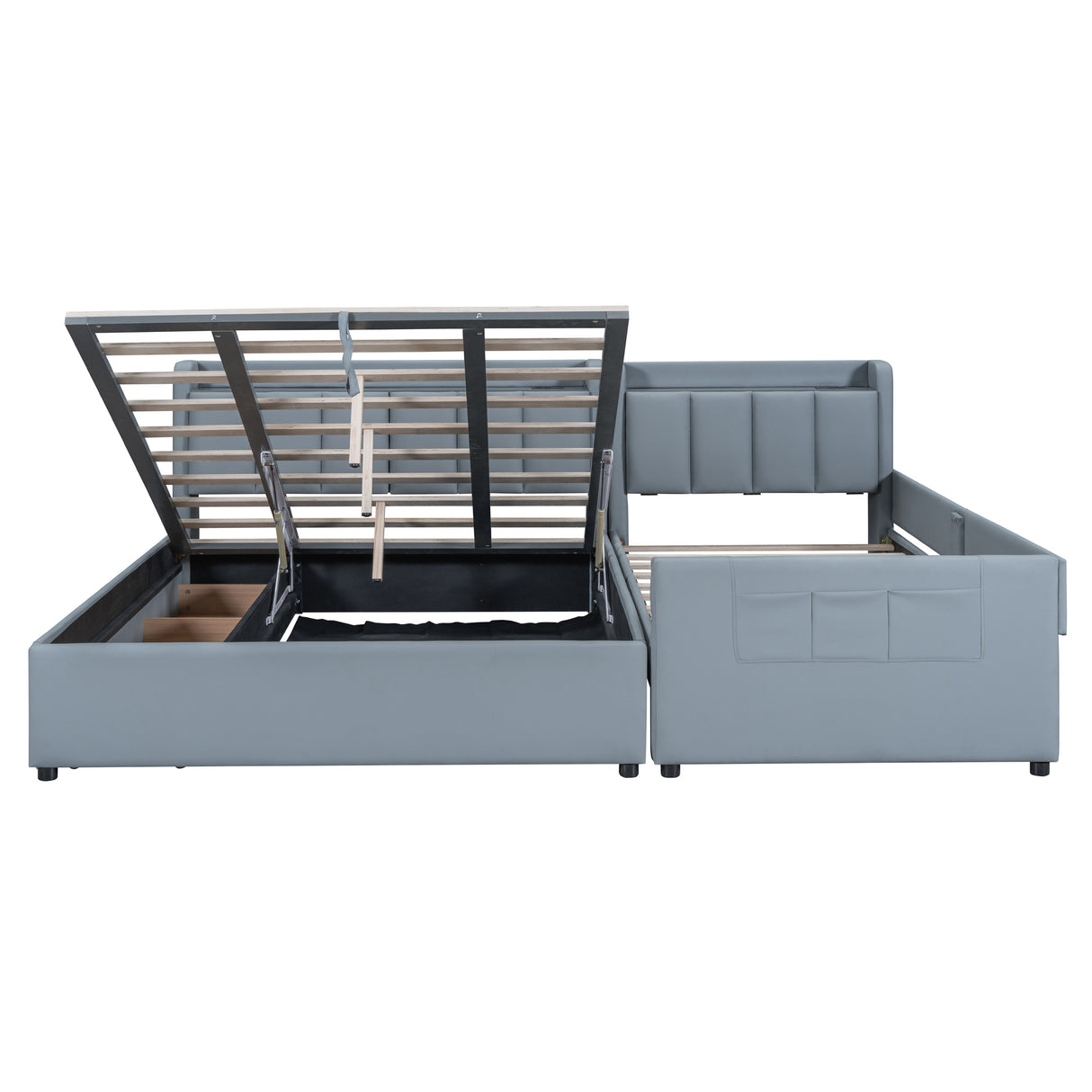 Queen & Twin XL Size Upholstered Platform Bed with Hydraulic Storage System, Drawers, Headboard Storage Shelves, Two Pairs of Outlets & USB Ports - Grey PU Leather