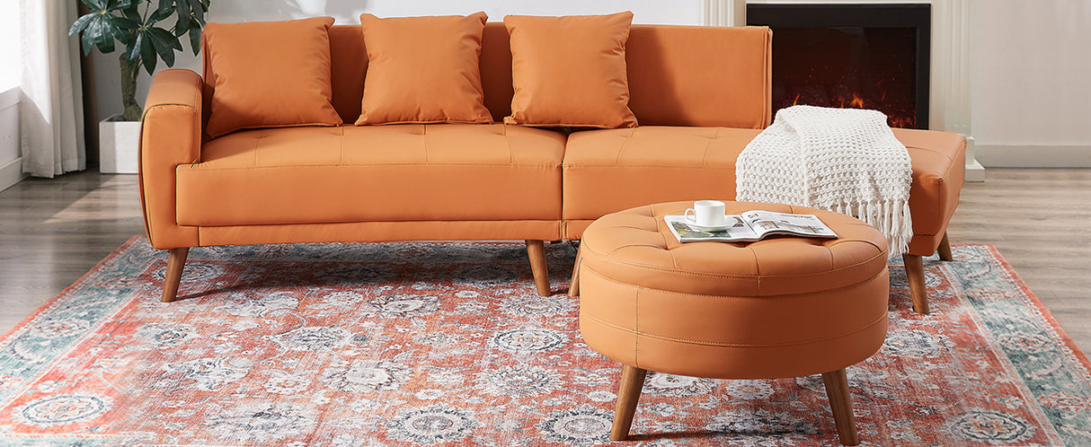 107" Contemporary Sofa with a Round Storage Ottoman and Three Removable Pillows - Orange