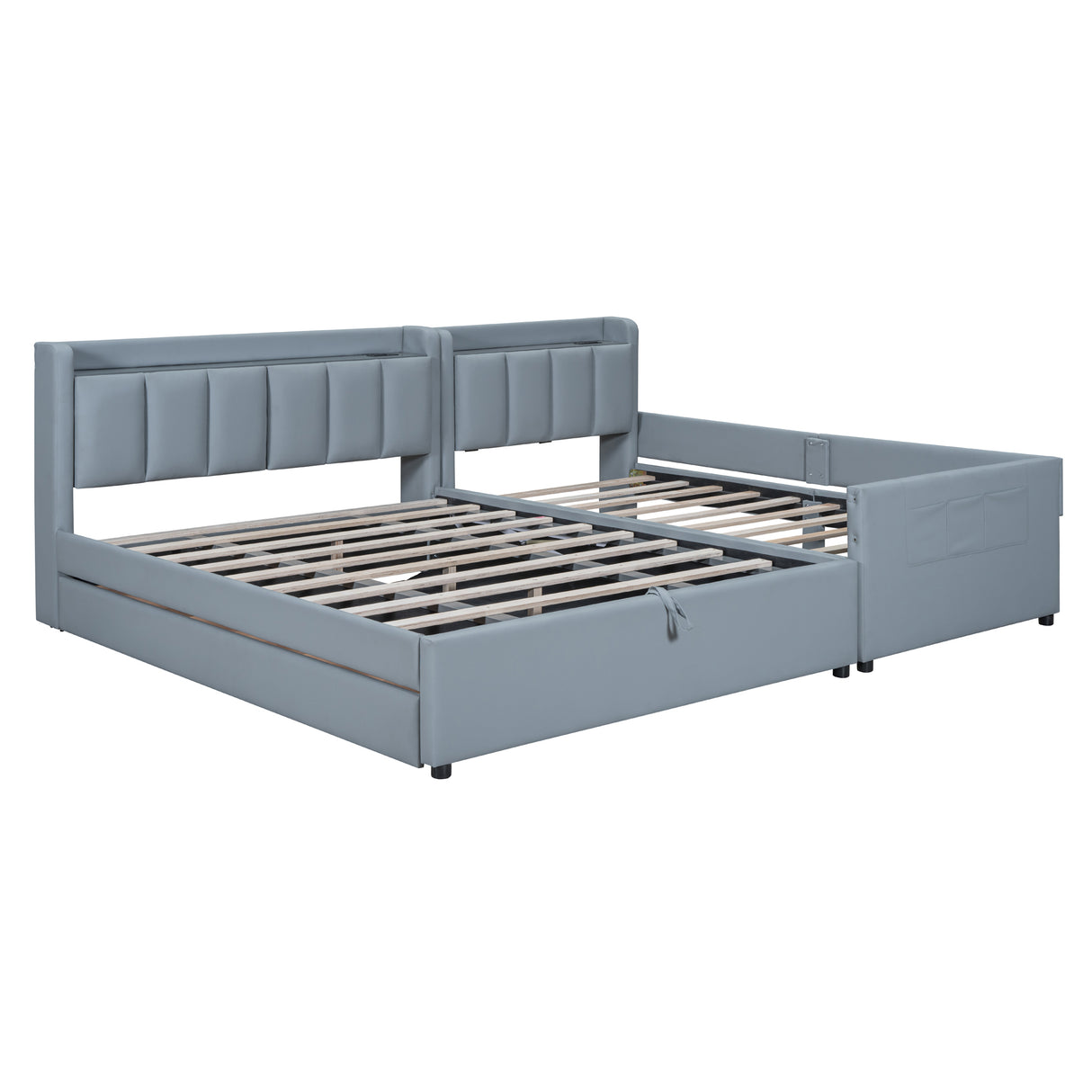 Queen & Twin XL Size Upholstered Platform Bed with Hydraulic Storage System, Drawers, Headboard Storage Shelves, Two Pairs of Outlets & USB Ports - Grey PU Leather