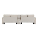 114.2" Upholstered Sofa with Console, 2 Cupholders and 2 USB Ports for Wired or Wireless Charge with 4 Pillows - Beige