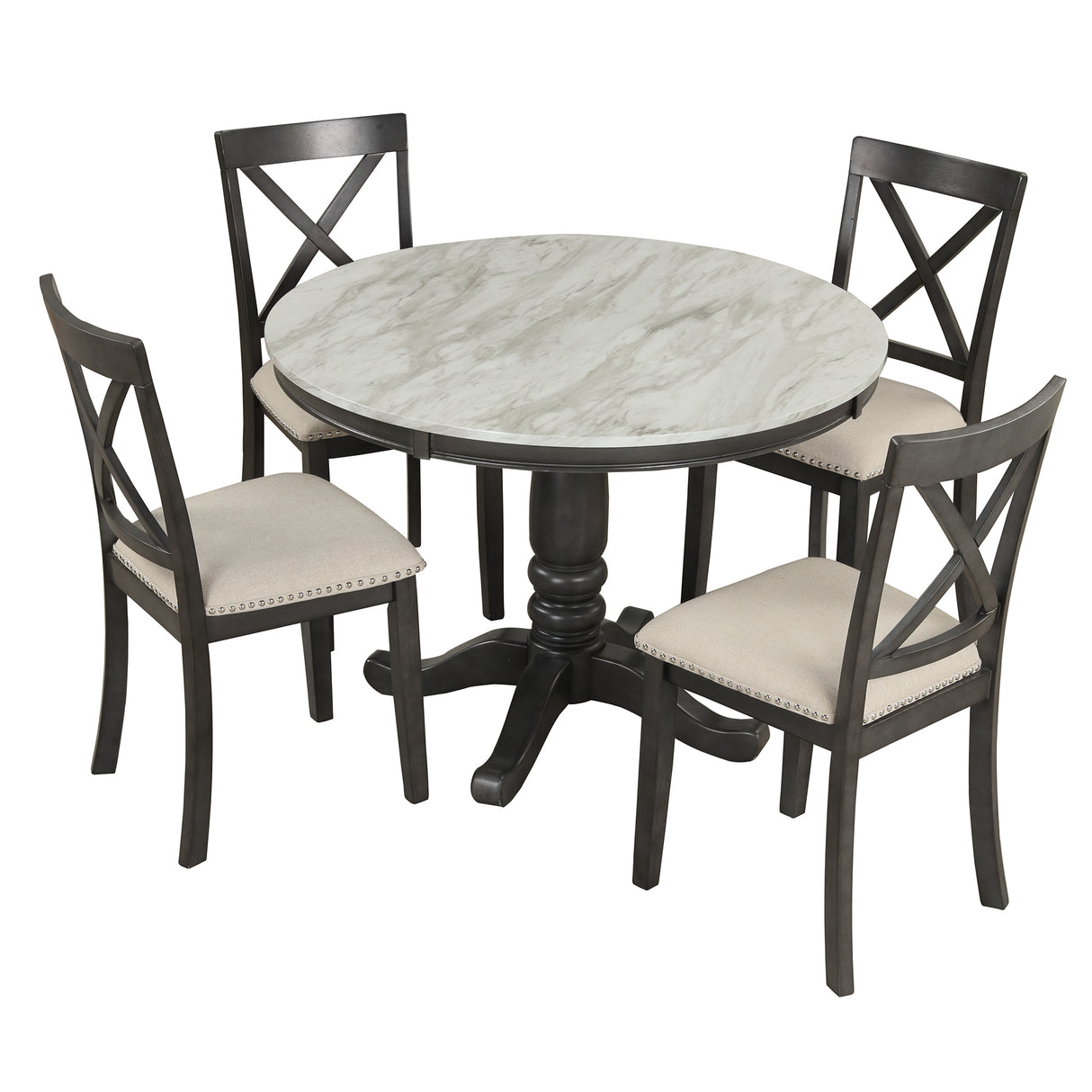 5 Piece Dining Set with Upholstered chairs - Brown/White