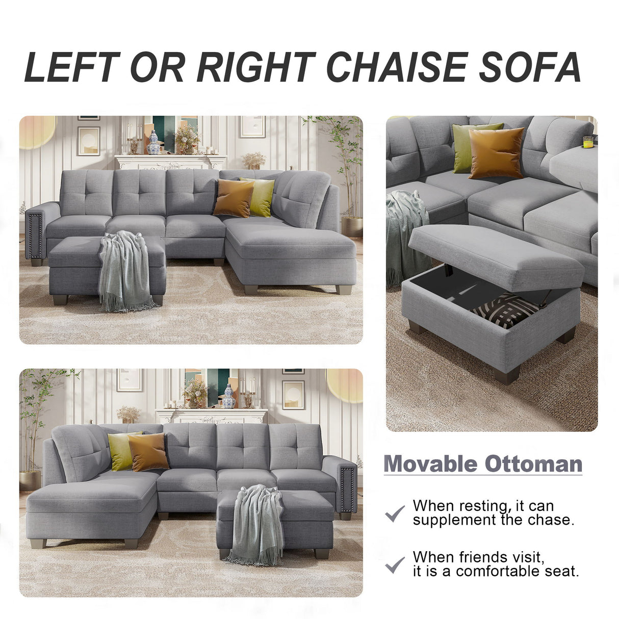 Reversible Sectional Sofa Space Saving With Storage Ottoman Rivet Ornament L-Shape Couch For Large Space Dorm Apartment