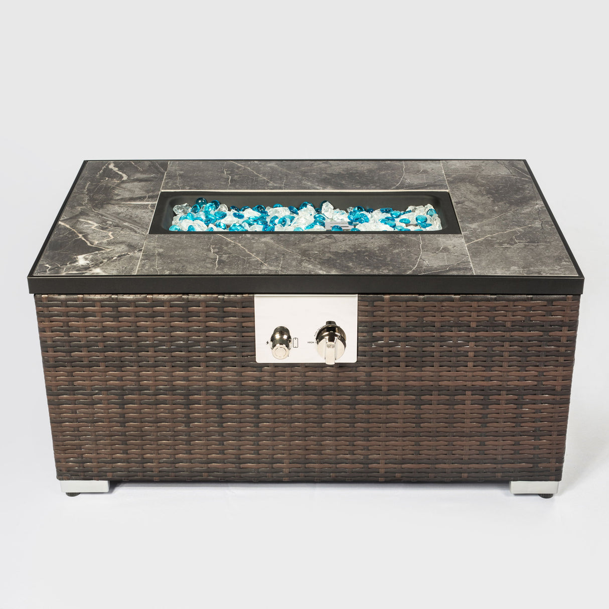 Outdoor Rattan Propane Fire Pit with Tile Top - Brown