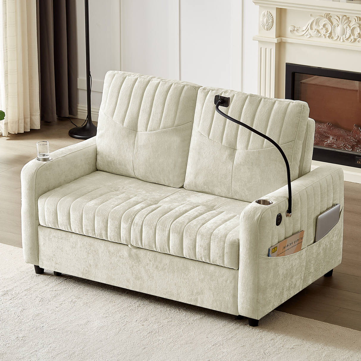 53.9" Modern Sleeper Loveseat with Adjustable Backrest, Two Cup Holders, Phone Holder, Three Charging Ports and Side Storage Pocket , Beige