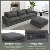 128" Chenille Cloud Sofa with Ottoman, Charging Ports and Three Back Pillows - Grey