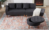 107" Contemporary Sofa with a Round Storage Ottoman and Three Removable Pillows - Black