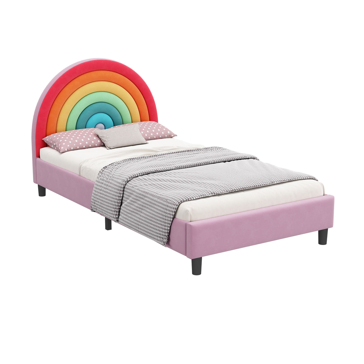 Rainbow Design Upholstered Twin Platform Bed - Colorful / Pink