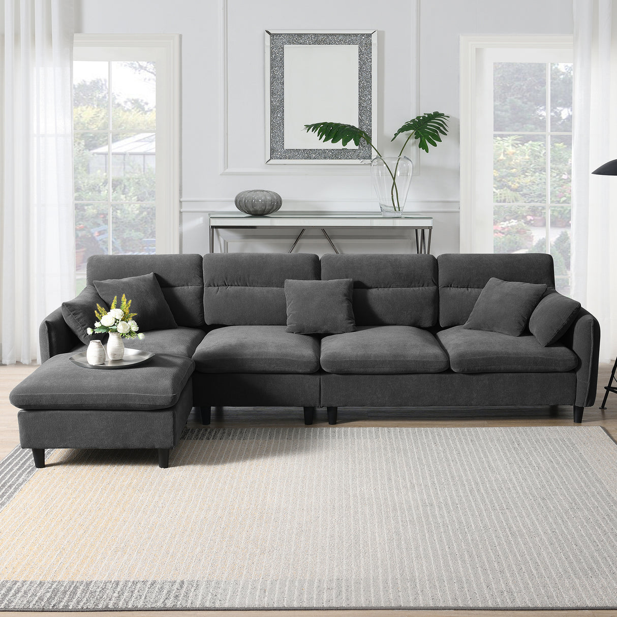 Modern  Sectional Sofa with Pillows and Ottoman - Gray