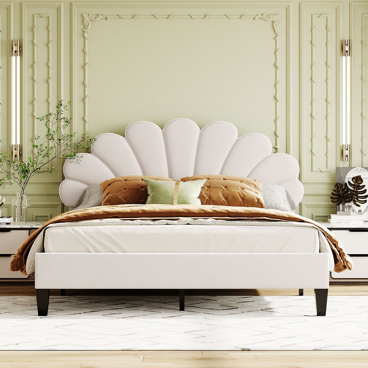 Upholstered Platform Bed With Flower Pattern Velvet Headboard