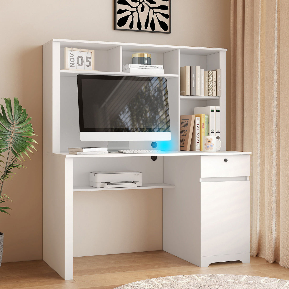 Computer Desk With Hutch & Bookshelf, Wood Executive Desk Teens Student Desk Writing Laptop Home Office Desk With Drawers, 3 Ac Outlets And 2 USB Charging Ports, Study Laptop Table For Home - White