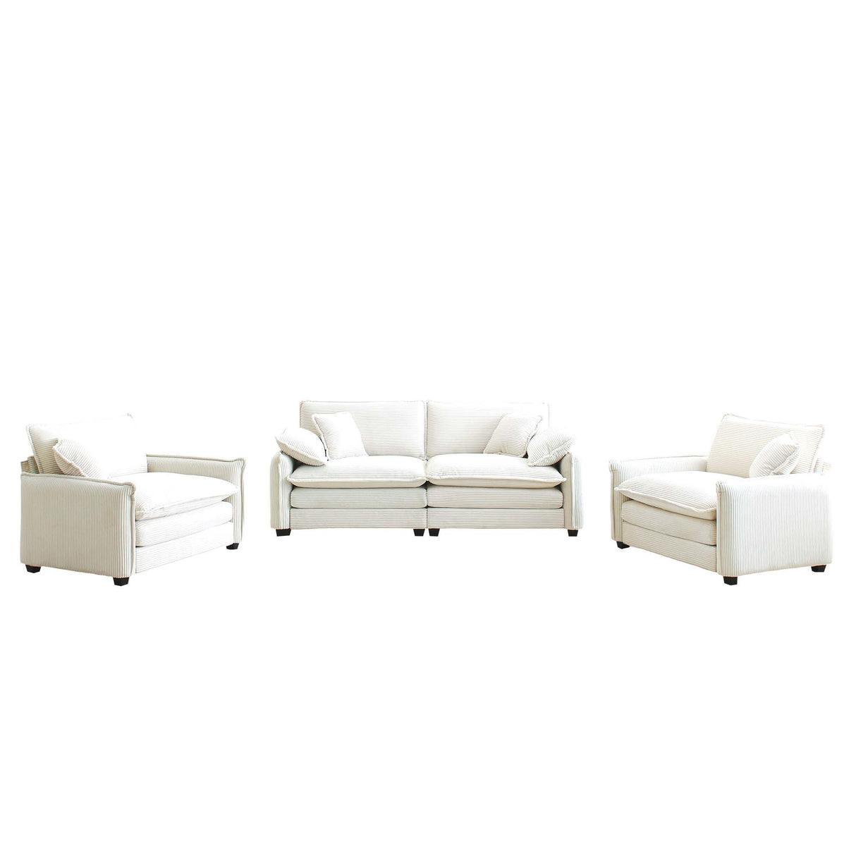 Luxurious and Sophisticated 3 Piece Corduroy Living Room Set with Soft Cushions and Pillows - White