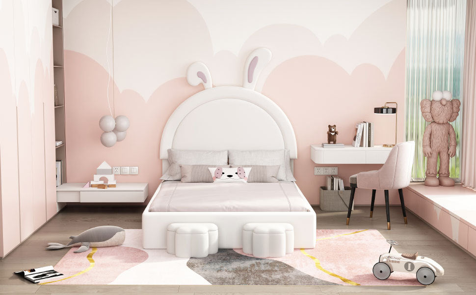 Full size Upholstered Rabbit-Shape Bed with 2 Storage Stools and Cartoon Ears Shaped Headboard, White