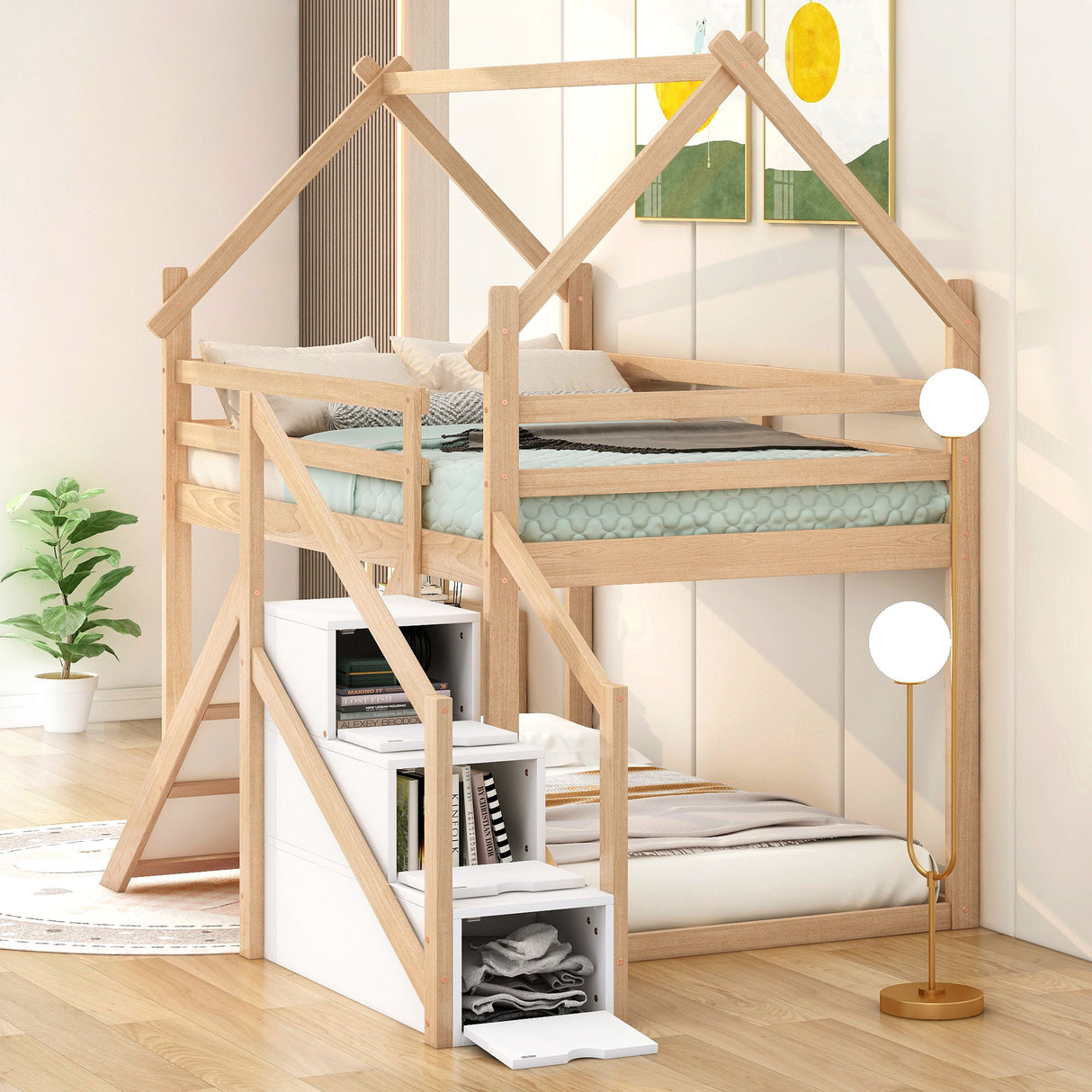 Twin Over Twin House Loft Or Bunk Bed With Slide And Staircase