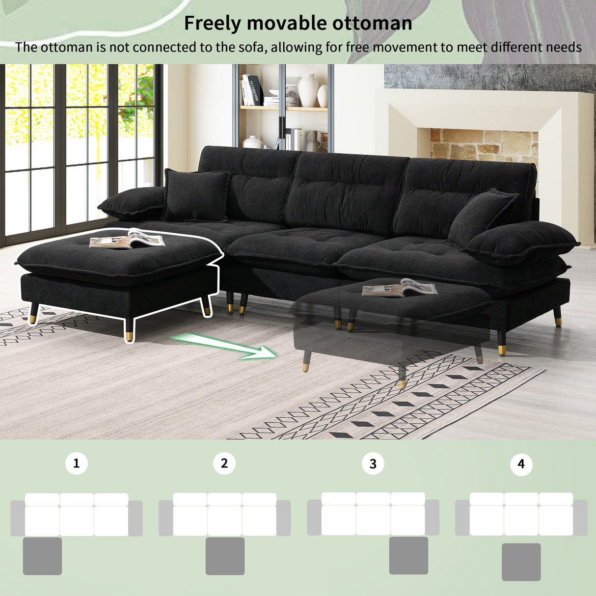 L shaped Sectional Sofa with Cloud Chenille Fabric and Ottoman - Black