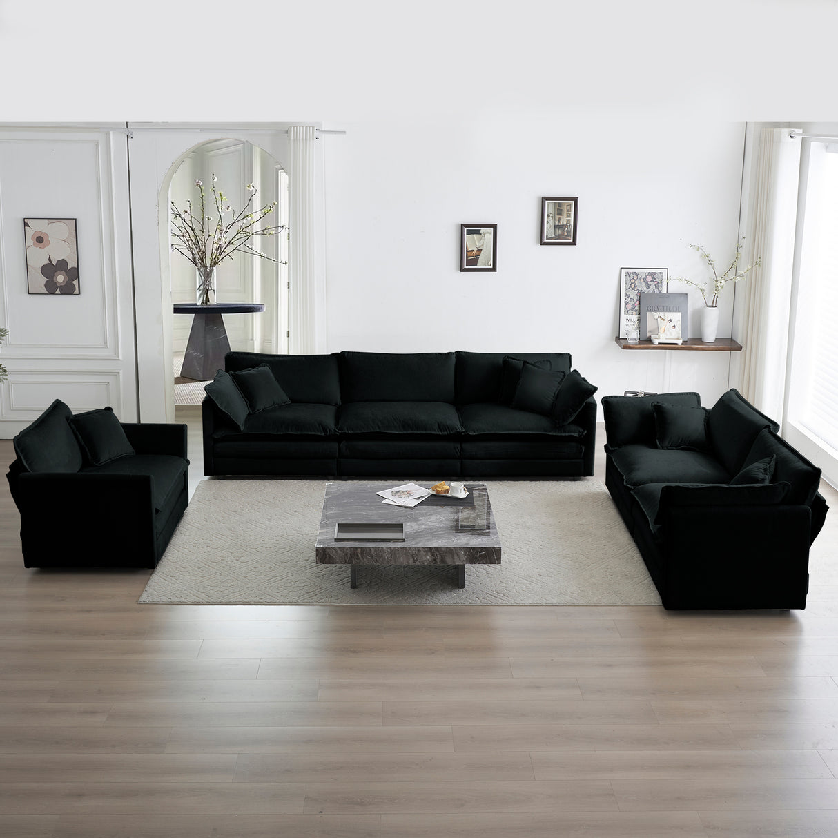 Modern Chenille 3 Piece Living Room Set - Black