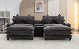 112.6" Chenille Upholstered Sofa with Two Ottomans, Two USB Ports, Two Cup Holders and Large Storage Box -Dark Gray