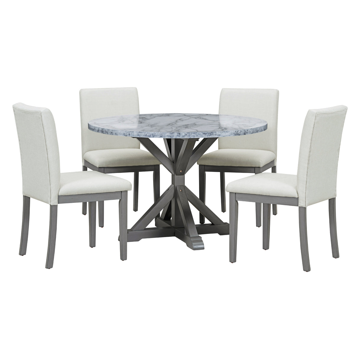 Dining Set with Faux Marble Top and 4 Upholstered Chairs (White+Gray)