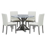 Dining Set with Faux Marble Top and 4 Upholstered Chairs (White+Gray)