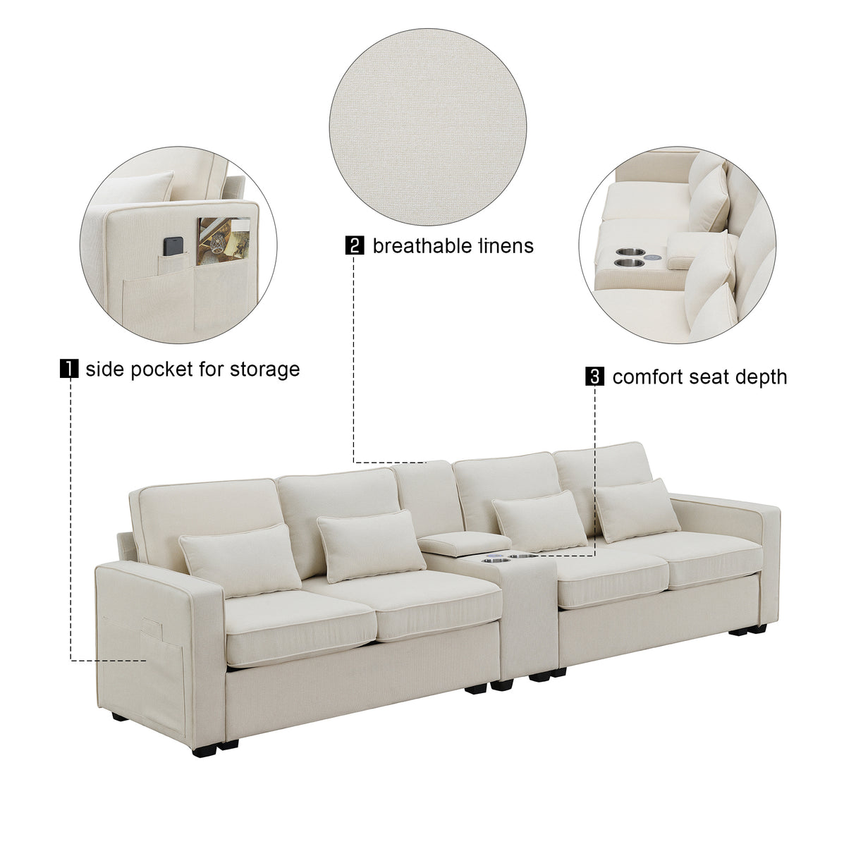 114.2" Upholstered Sofa with Console, 2 Cupholders and 2 USB Ports for Wired or Wireless Charge with 4 Pillows - Beige