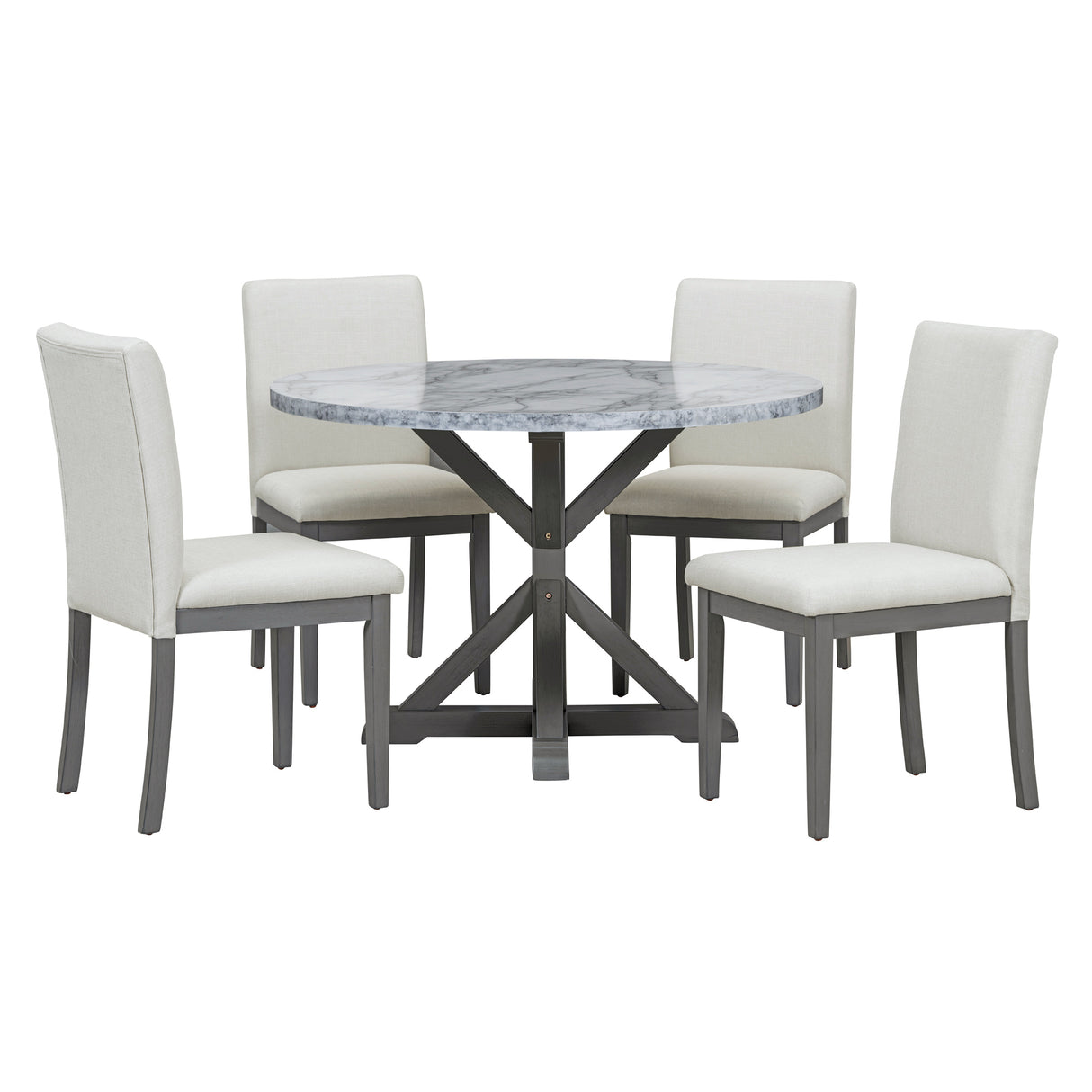 Dining Set with Faux Marble Top and 4 Upholstered Chairs (White+Gray)