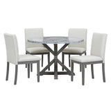 Dining Set with Faux Marble Top and 4 Upholstered Chairs (White+Gray)